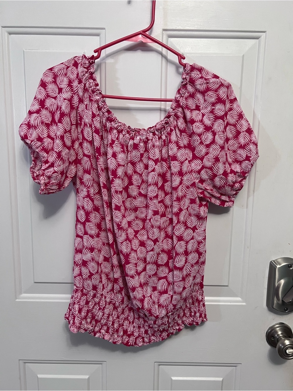 MICHAEL Michael Kors L Pink Leaf Print Smocked Peasant Blouse Puff Sleeve Cotton